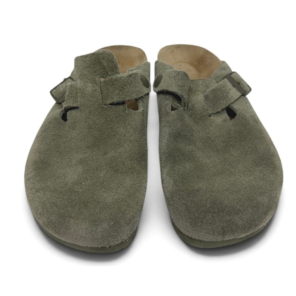 Birkenstock Boston Clogs Womens 37 Olive Green Suede Slip On Buckle FLAW READ
